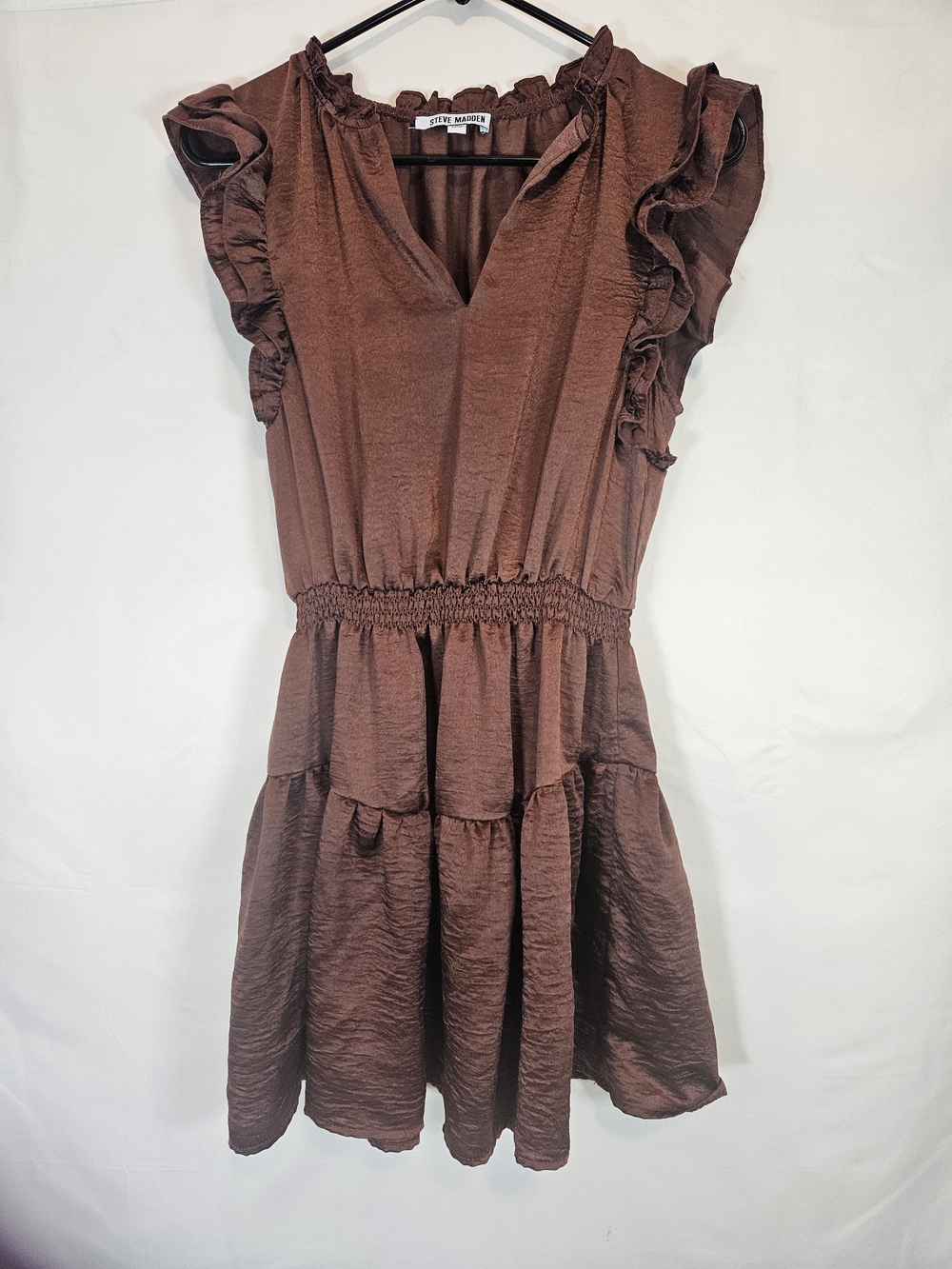 Steve Madden Brown Ruffle Sleeve Tiered Satin Mini Dress Boho Cottagecore